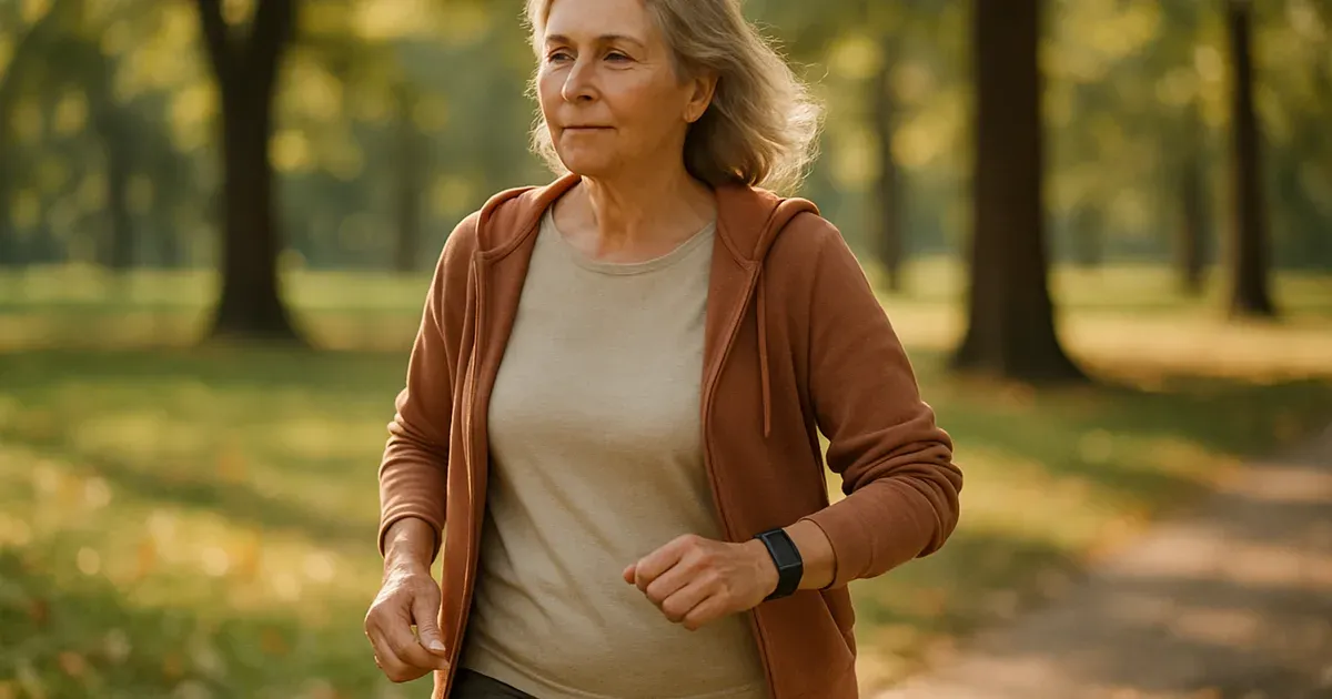 Older woman walking in a park wearing an activity tracker to monitor daily movement and support weight loss