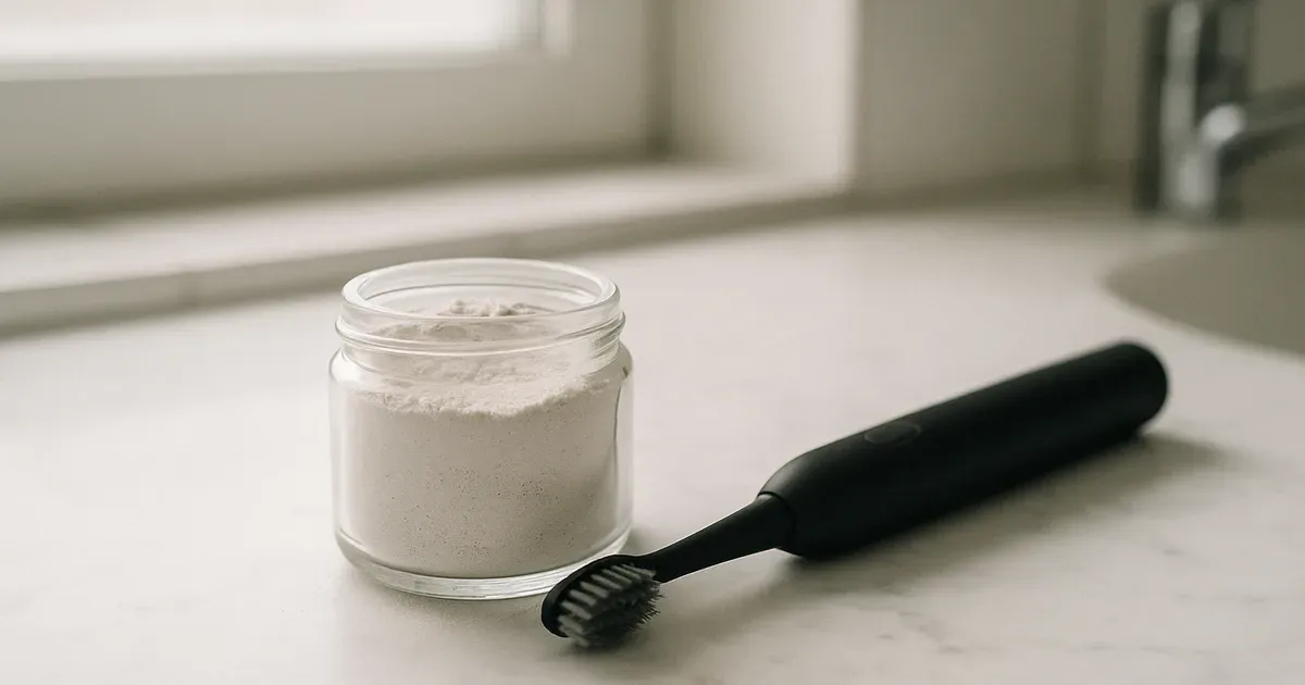White tooth powder in an open jar next to an electric toothbrush, illustrating new enamel-safe teeth whitening research