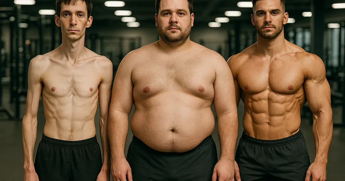 Three men with different body types — ectomorph, endomorph, and mesomorph — standing in a gym