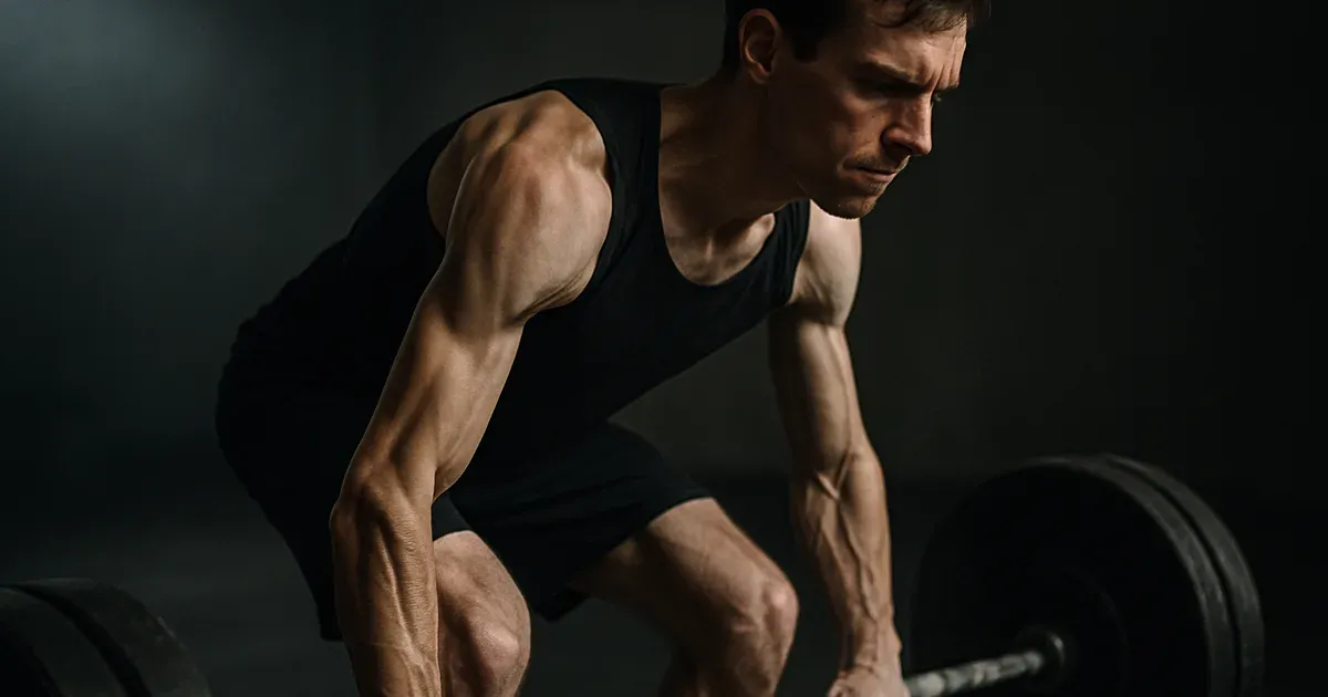 Lean ectomorph man performing a heavy deadlift in the gym to build muscle mass