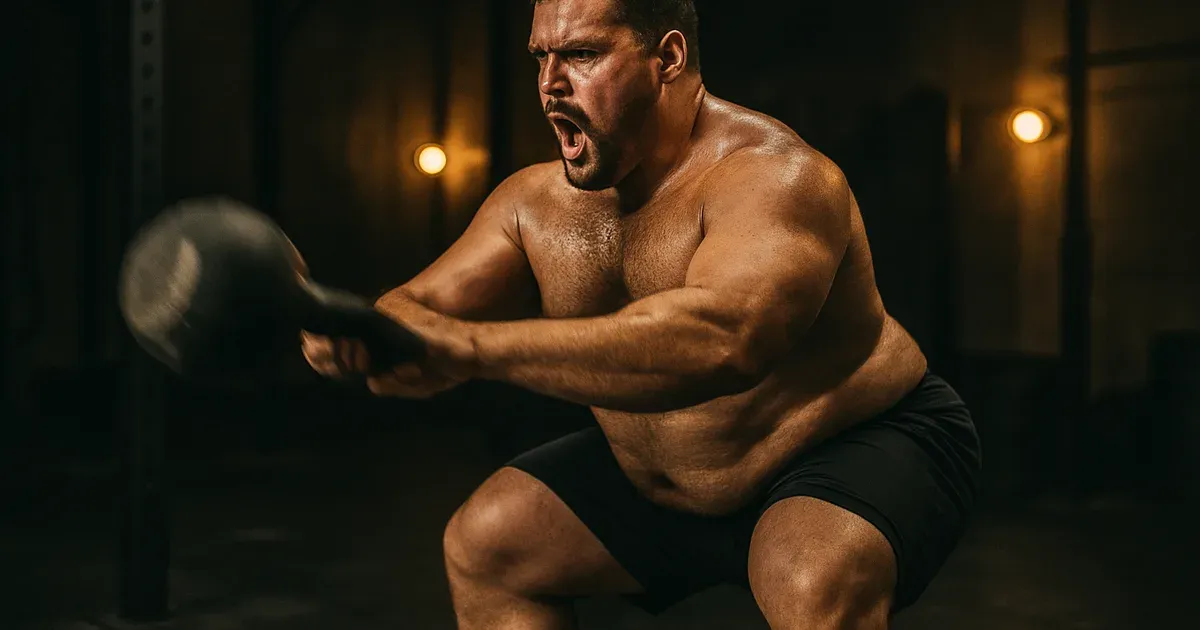 Endomorph man performing a kettlebell HIIT swing to burn fat and build functional strength