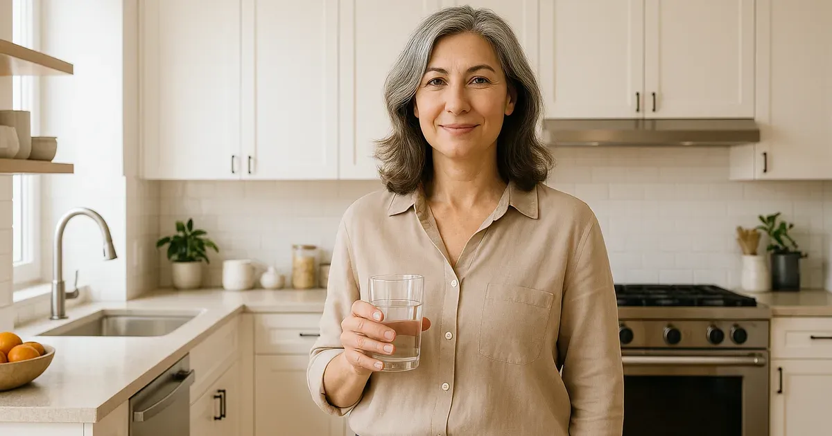 Confident woman in her 50s managing menopausal belly fat through healthy lifestyle habits in a bright kitchen