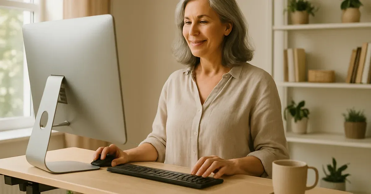 Woman in her 50s using a standing desk to reduce sedentary time and menopausal belly fat