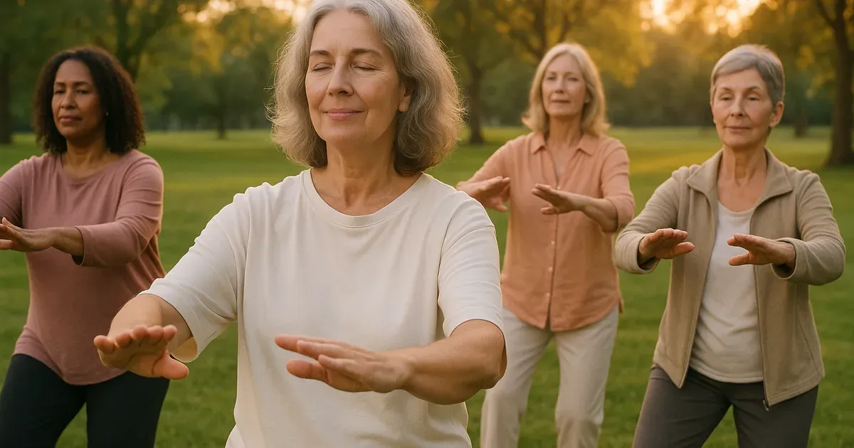 Group of women over 50 practising tai chi outdoors as an exercise strategy for menopausal belly fat