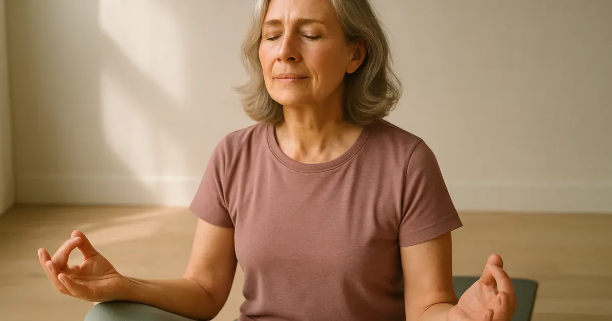 Woman in her 50s meditating to reduce stress and cortisol linked to menopausal belly fat