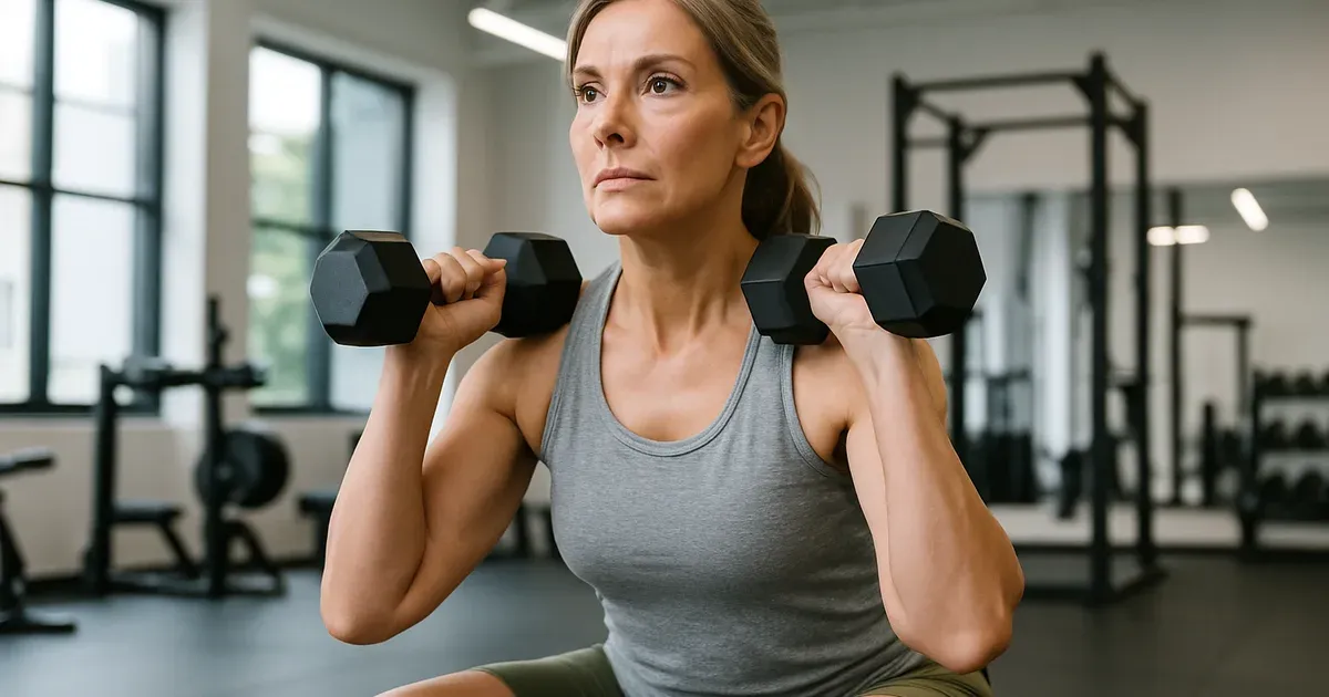 Woman over 50 strength training with dumbbells to combat menopausal belly fat and boost metabolism