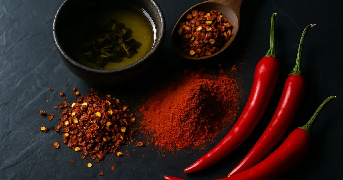 Chilli spices and green tea arranged together as natural ways to boost your metabolism