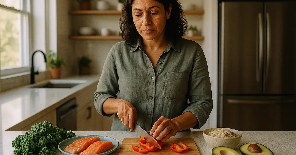 Woman over 40 preparing a healthy balanced meal to support weight loss after 40 for women