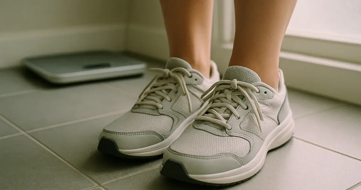 Woman stepping away from bathroom scale representing freedom from yo-yo dieting and weight loss resistance after 40