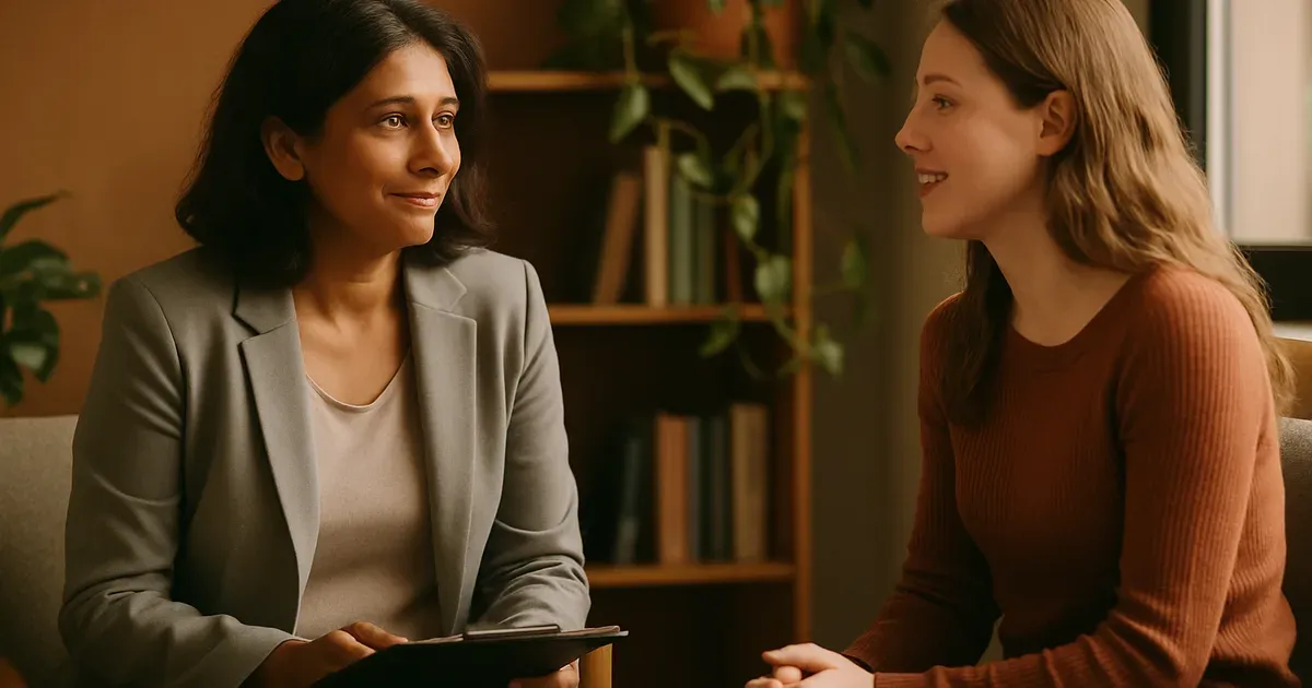 Woman speaking with an eating disorder-informed dietitian about weight loss after eating disorder recovery