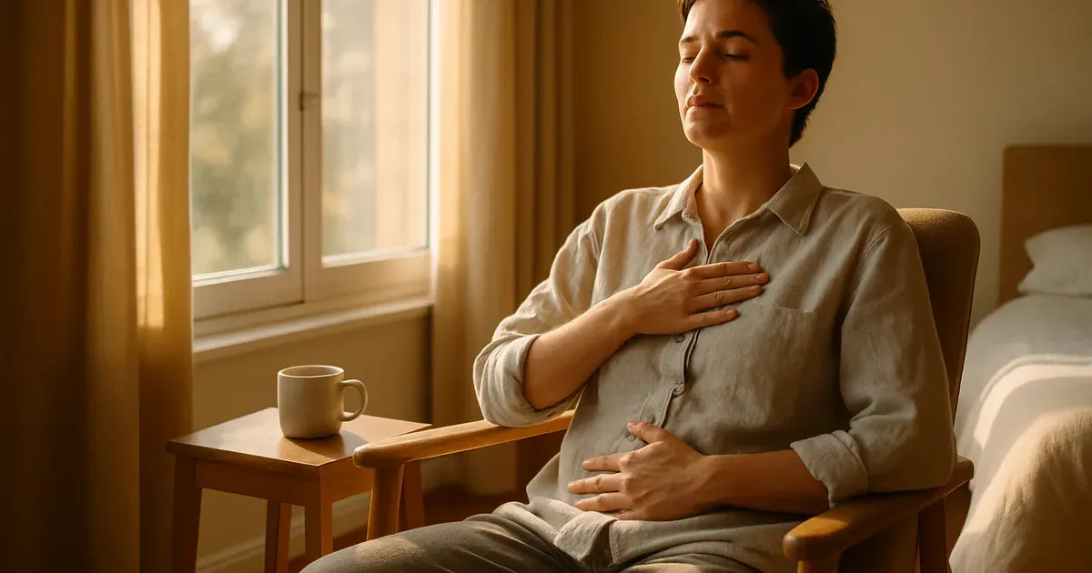 Person practising diaphragmatic breathing to support vagal tone and nervous system regulation during weight loss after eating disorder