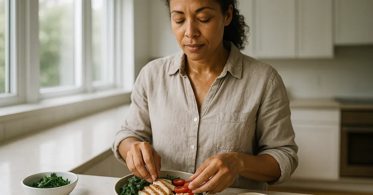 Woman in her 40s preparing a healthy meal as part of a weight loss in your 40s lifestyle approach
