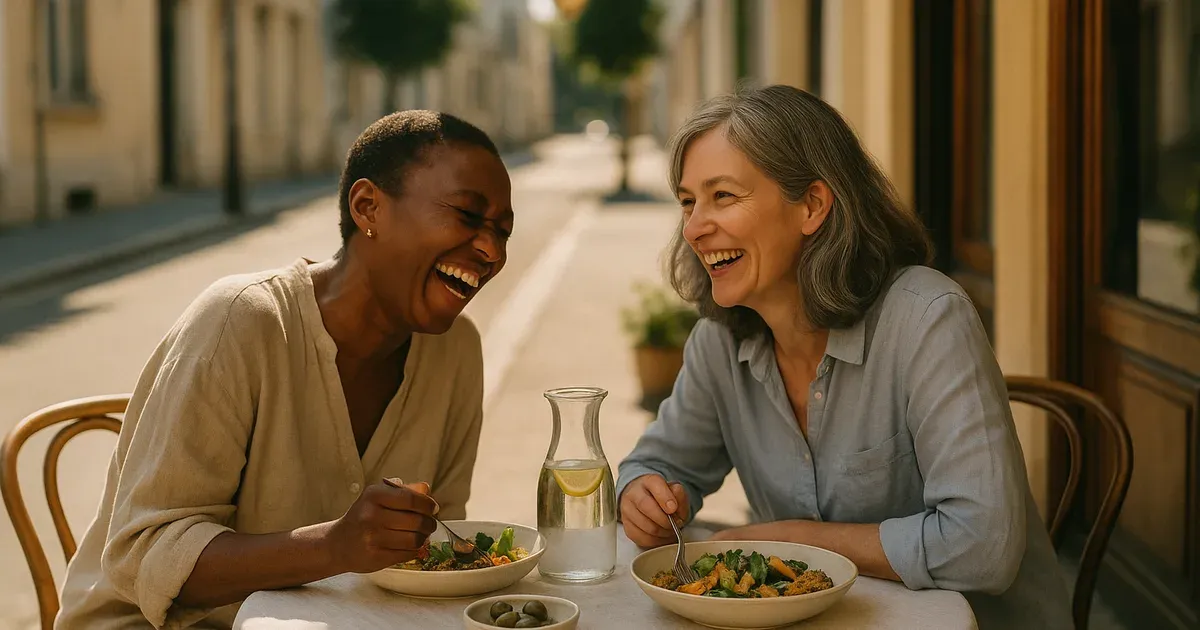 Woman over 40 enjoying healthy food socially, showing sustainable weight loss lifestyle without obsession