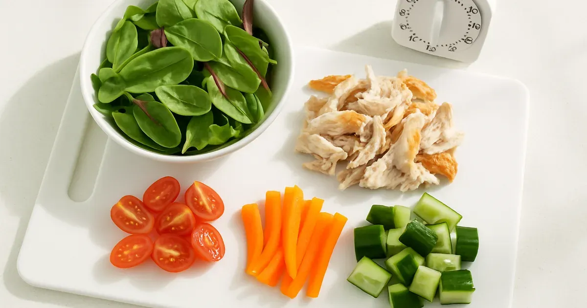Quick 15-minute weight loss meal being assembled with ready-prepped ingredients on a white cutting board