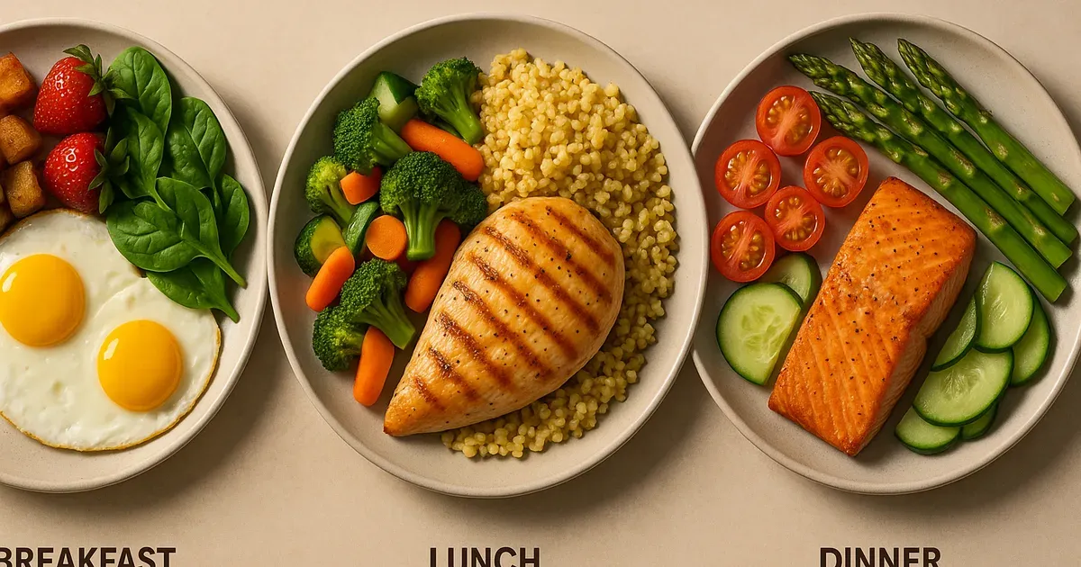 Three balanced meals showing even protein distribution across breakfast, lunch and dinner for weight loss