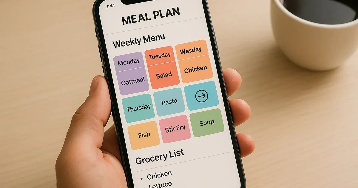 Smartphone displaying a digital weight loss meal plan dashboard with swap tool and grocery list features