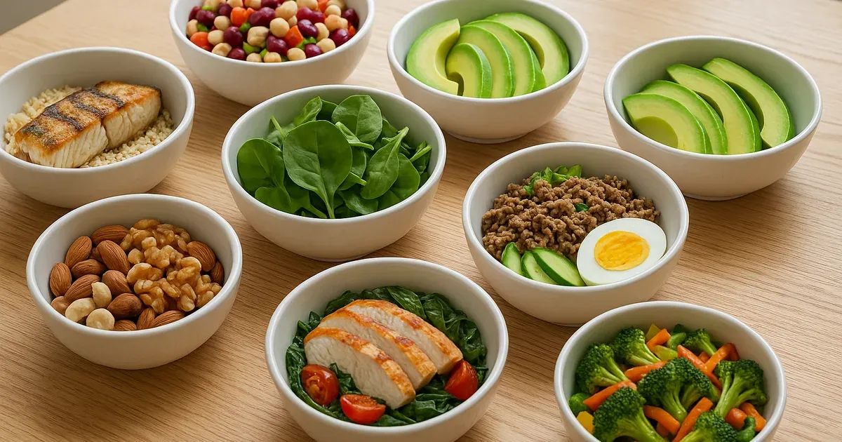 Eight colourful healthy meal options in white bowls representing different weight loss meal plans on a wooden table