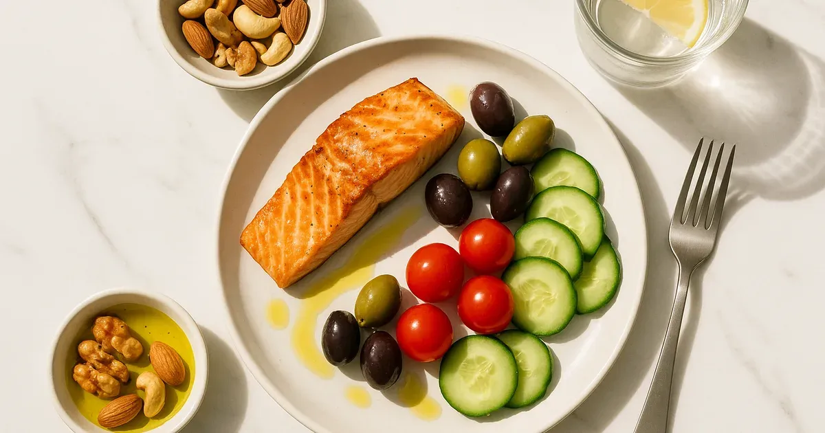 Mediterranean weight loss meal plan spread with grilled salmon, olives, vegetables and olive oil on marble surface