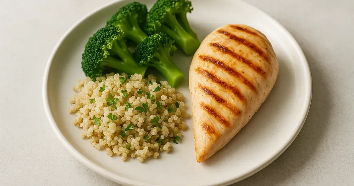 High-protein lower-volume meal on a white plate representing the GLP-1 weight loss meal plan for medication users