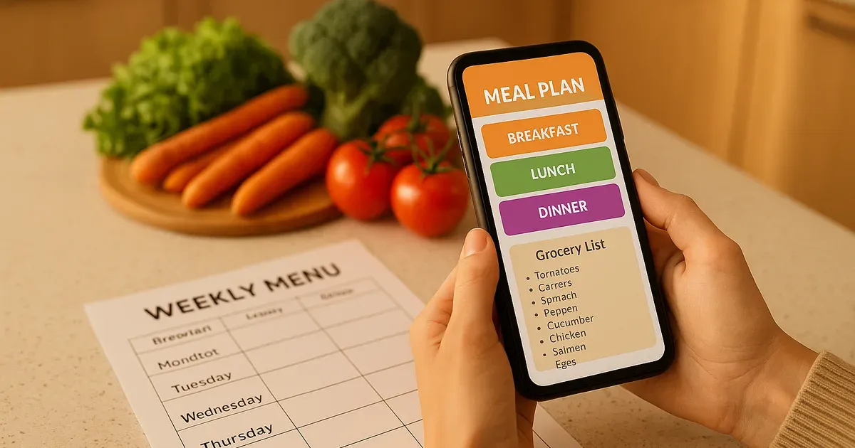 Person viewing digital weight loss meal plan and grocery list on smartphone in a modern kitchen