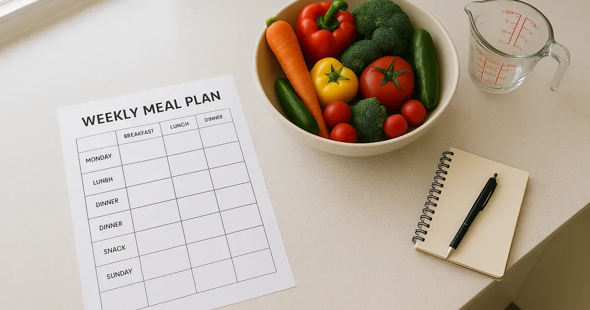 Printed weight loss meal plan with fresh produce and kitchen tools on a clean organised kitchen counter