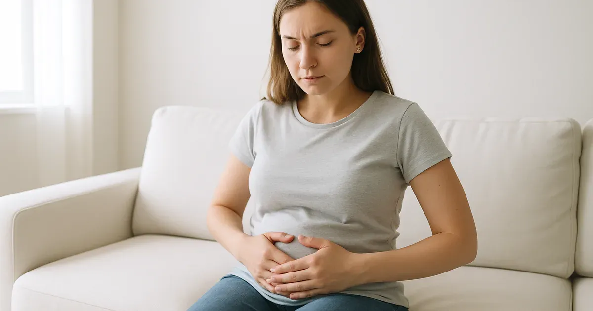 Woman holding her bloated stomach — illustrating the common causes of bloating in the stomach