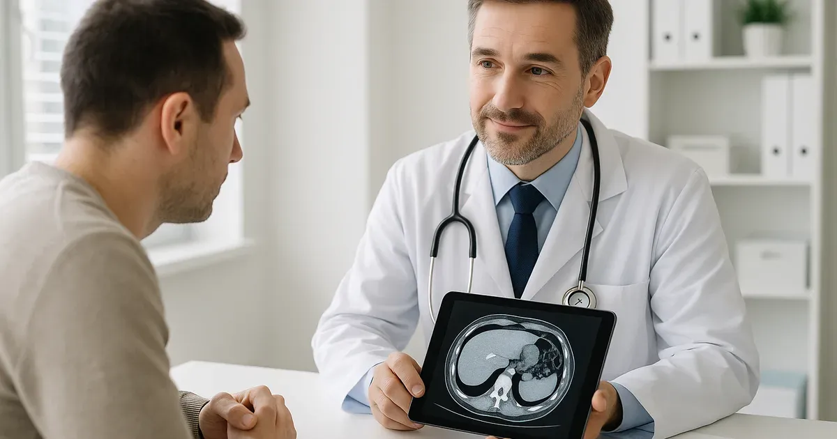 Doctor discussing stomach bloating causes with a patient during a medical consultation