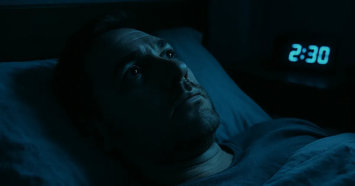 Person lying awake at night with insomnia, a common cause of chronic fatigue