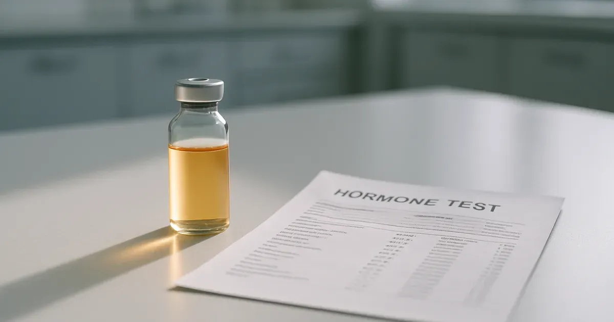 Blood sample vial and hormone test results sheet on a laboratory bench for cortisol level testing