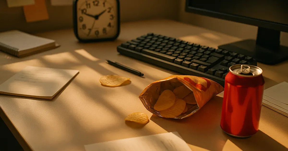 Office desk with junk food snacks showing why processed food is addictive during afternoon slumps