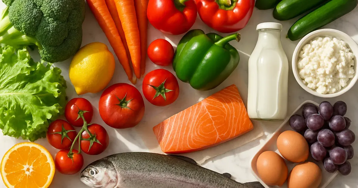 Colourful whole foods from grocery store perimeter including vegetables fruit and fish as junk food alternatives