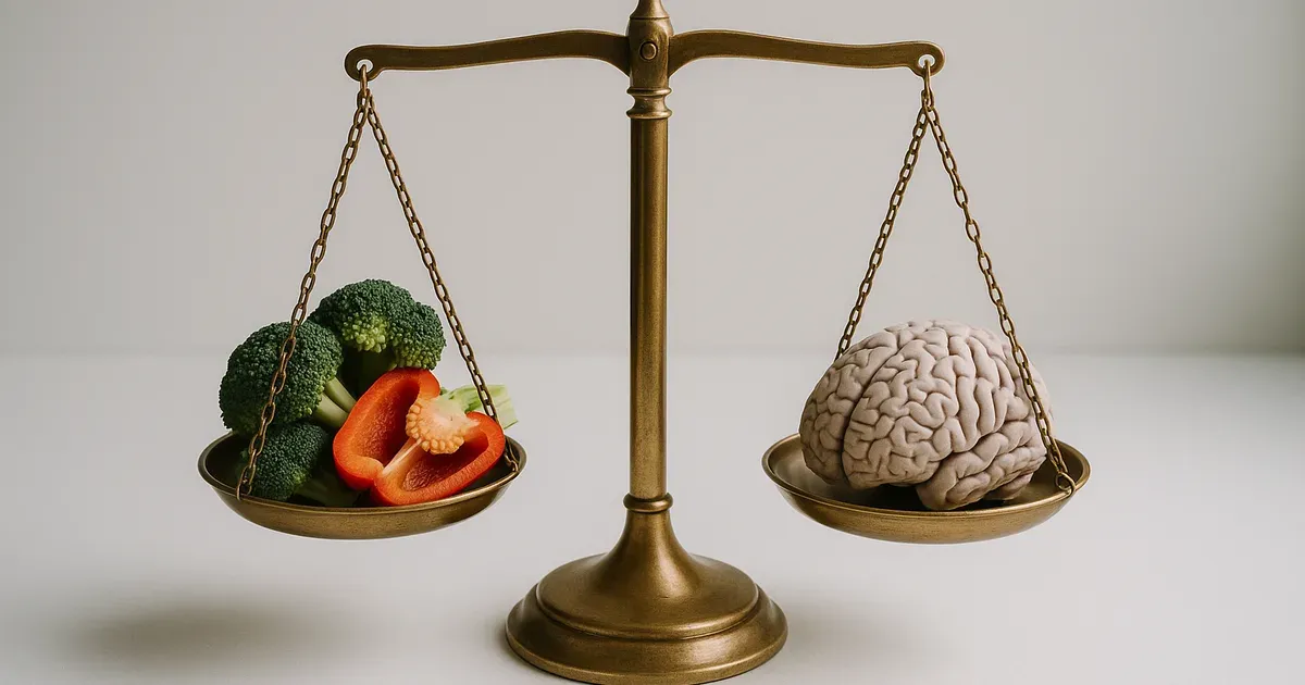 A scale balancing vegetables and a brain model symbolising the body's set point weight regulation system