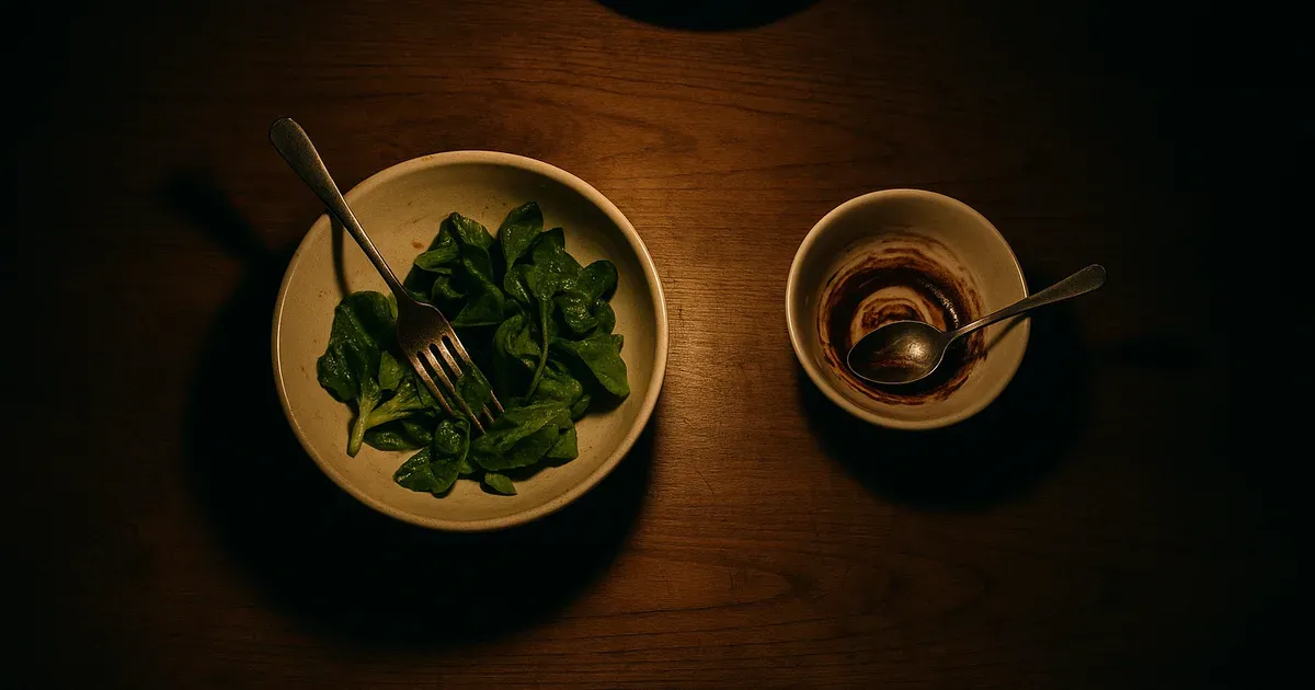 Abandoned salad next to empty dessert bowl representing the habenula anti-reward cycle during dieting