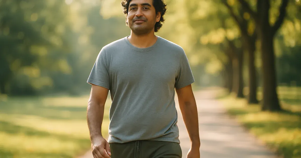 Person walking in a sunny park representing sustainable exercise habits that support weight loss without triggering the brain's anti-reward pathway