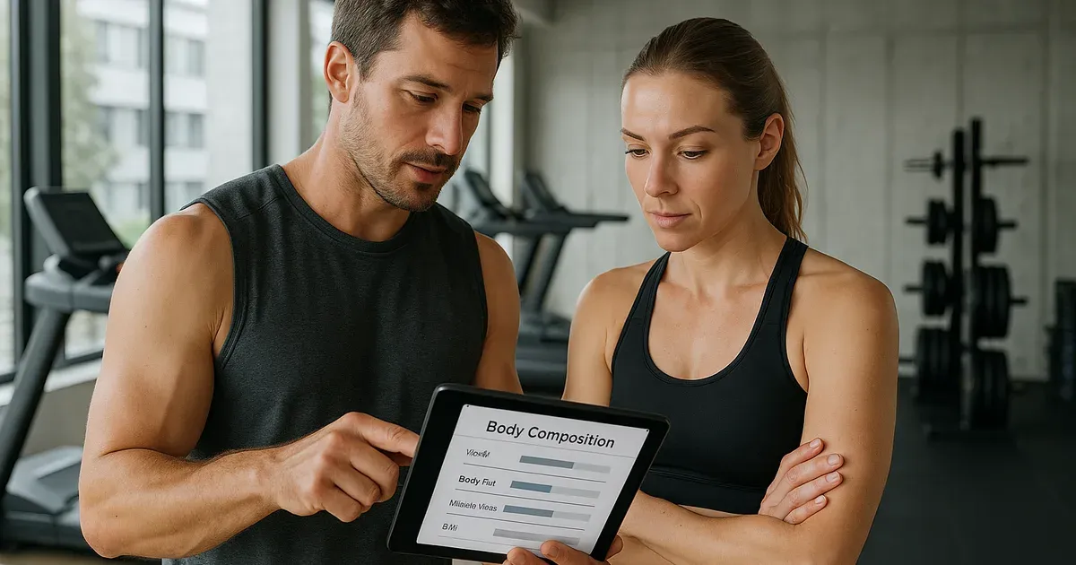 Man and woman in their 30s reviewing body composition data on a tablet in a gym