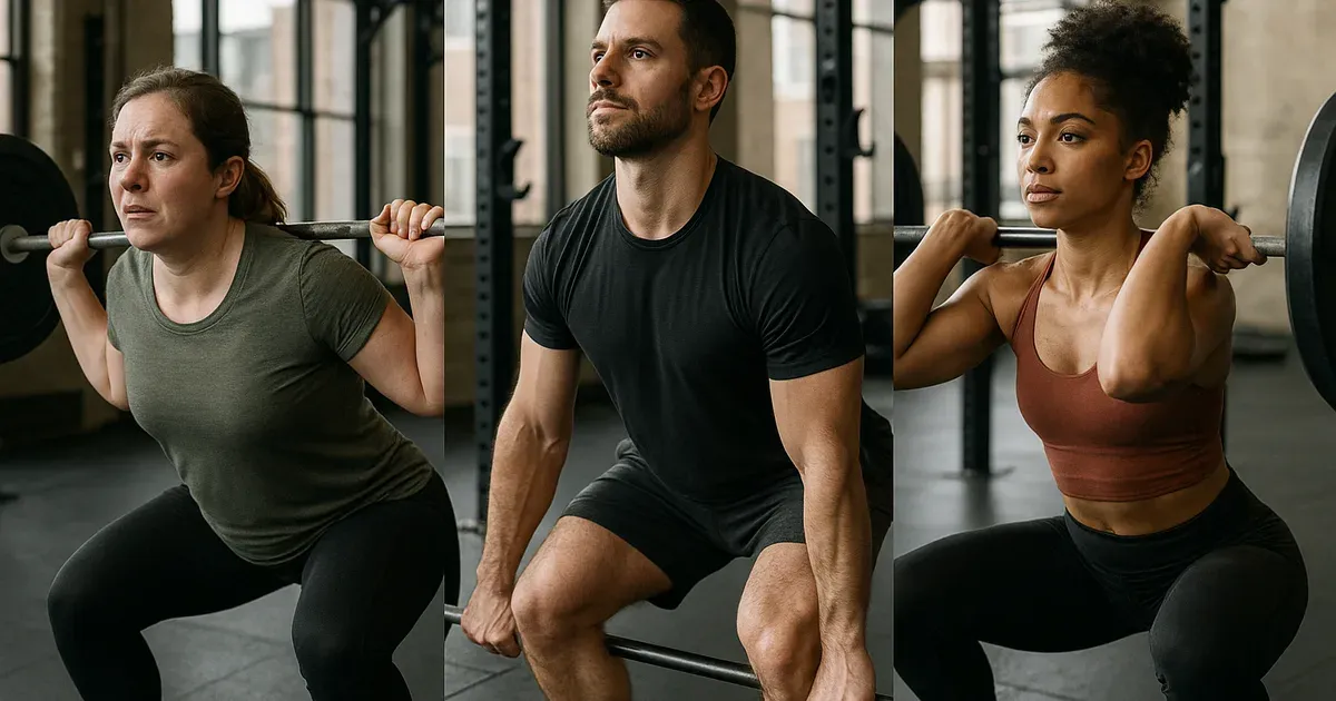 Three people in their 30s at different fitness levels performing compound strength training exercises in a gym