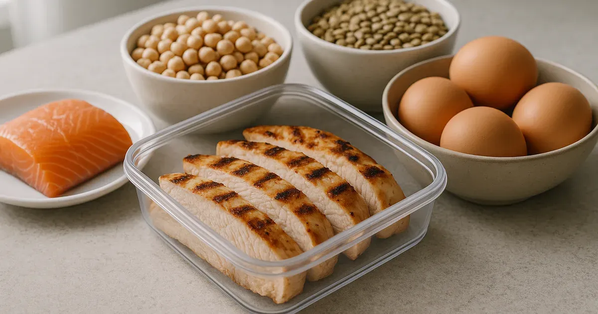High-protein meal prep with chicken, eggs, salmon and legumes laid out on a kitchen counter