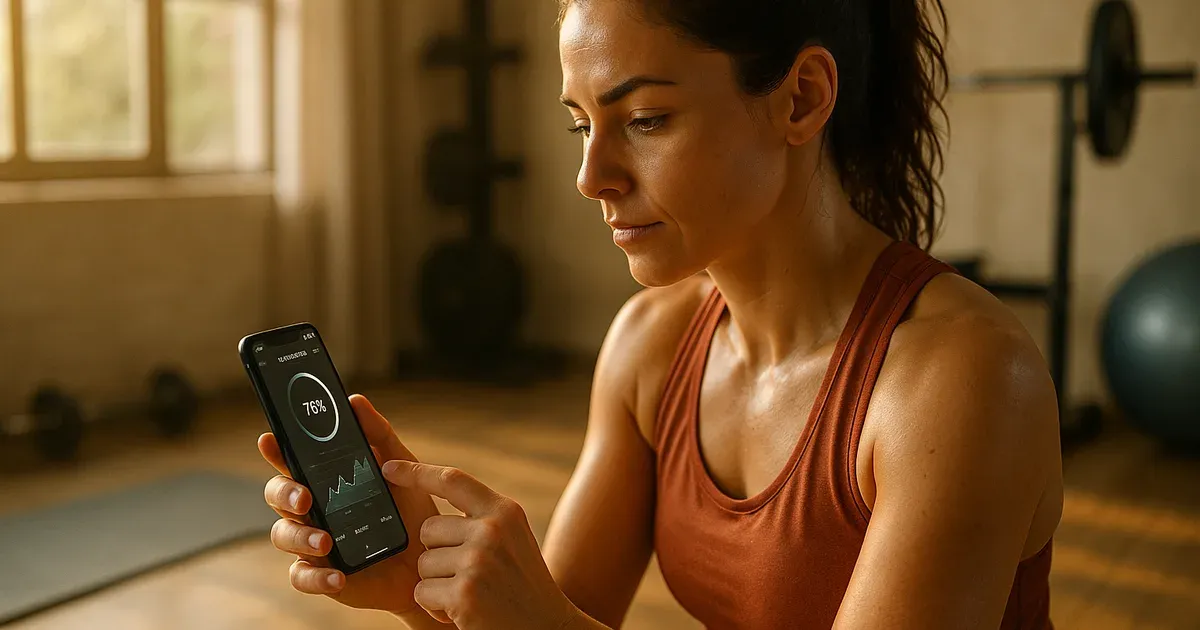 Woman in her 30s tracking body composition fitness progress on a smartphone in a home gym