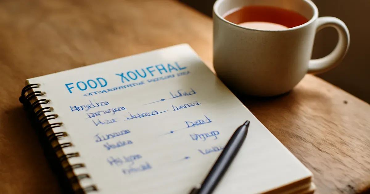 Open food journal with handwritten notes beside herbal tea, representing emotional eating awareness in dietary counseling