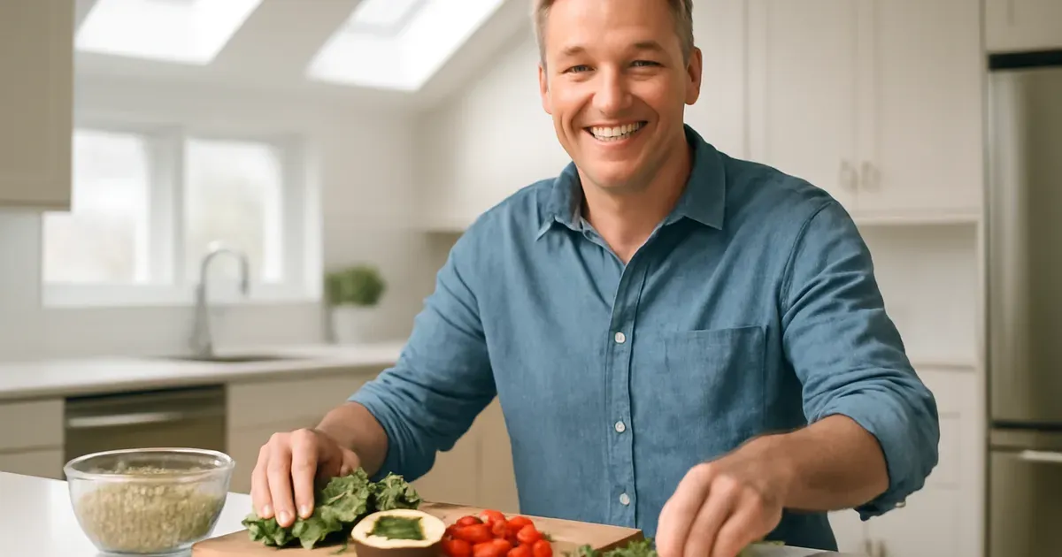 Confident man preparing a healthy balanced meal in a bright kitchen after completing dietary counseling
