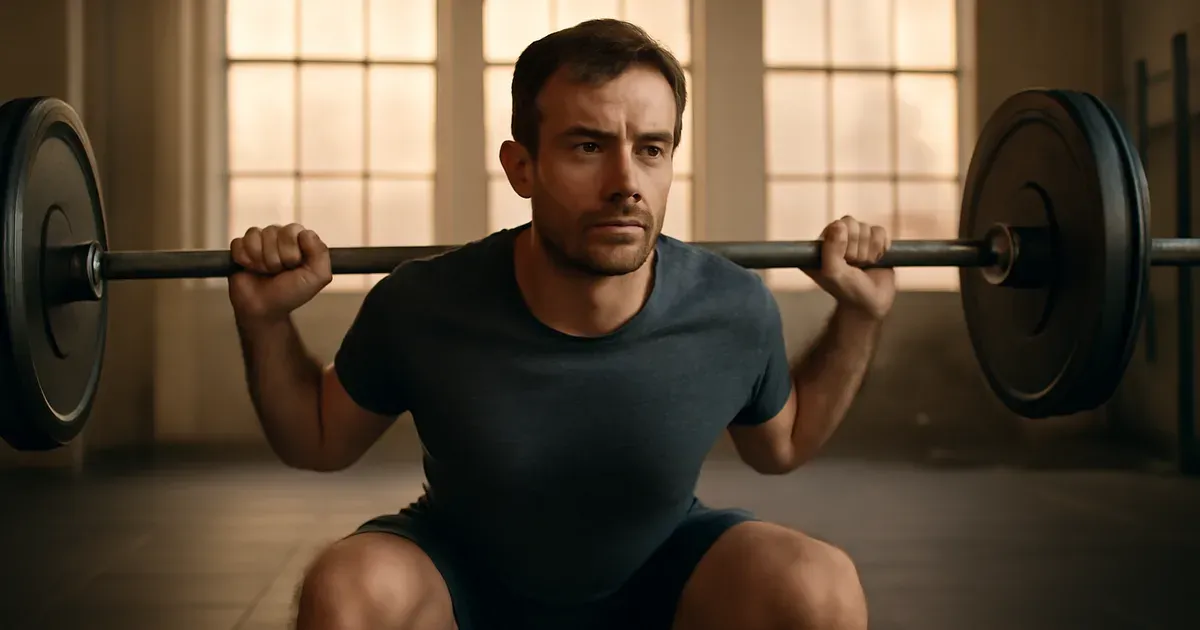 A man in his mid-thirties performing a barbell squat, illustrating building muscle after 30 through resistance training.