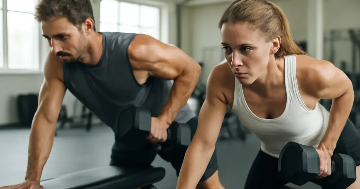 A man and woman in their thirties performing dumbbell rows, demonstrating resistance training to prevent sarcopenia.