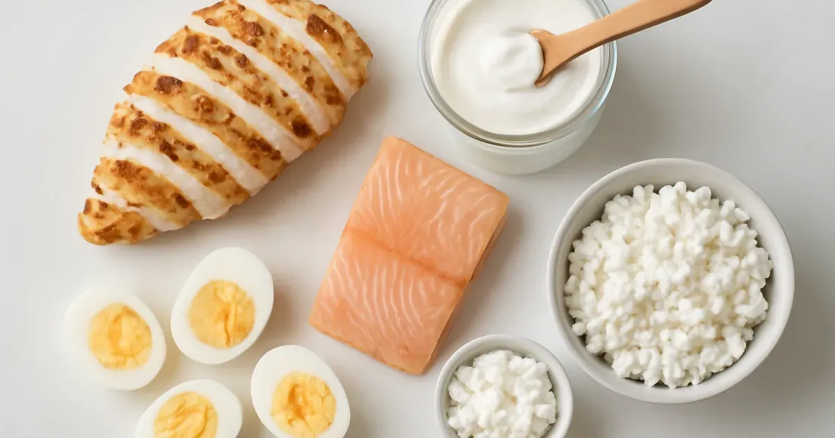 High-protein foods including chicken, salmon, eggs and yoghurt for building muscle after 30 with optimal protein intake.