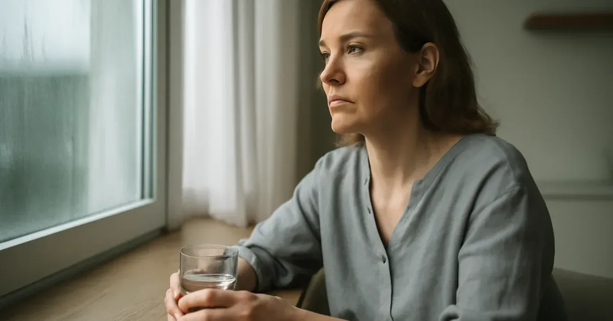 Midlife woman sitting by window in morning light representing cortisol during menopause research