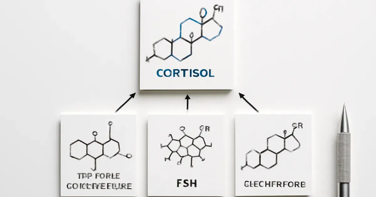 Diagram showing estrone glucuronide, FSH and testosterone linking to cortisol during menopause