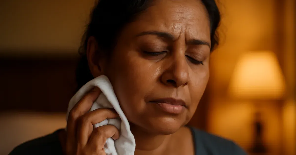 Woman experiencing a hot flash, illustrating the link between hot flashes and cortisol during menopause