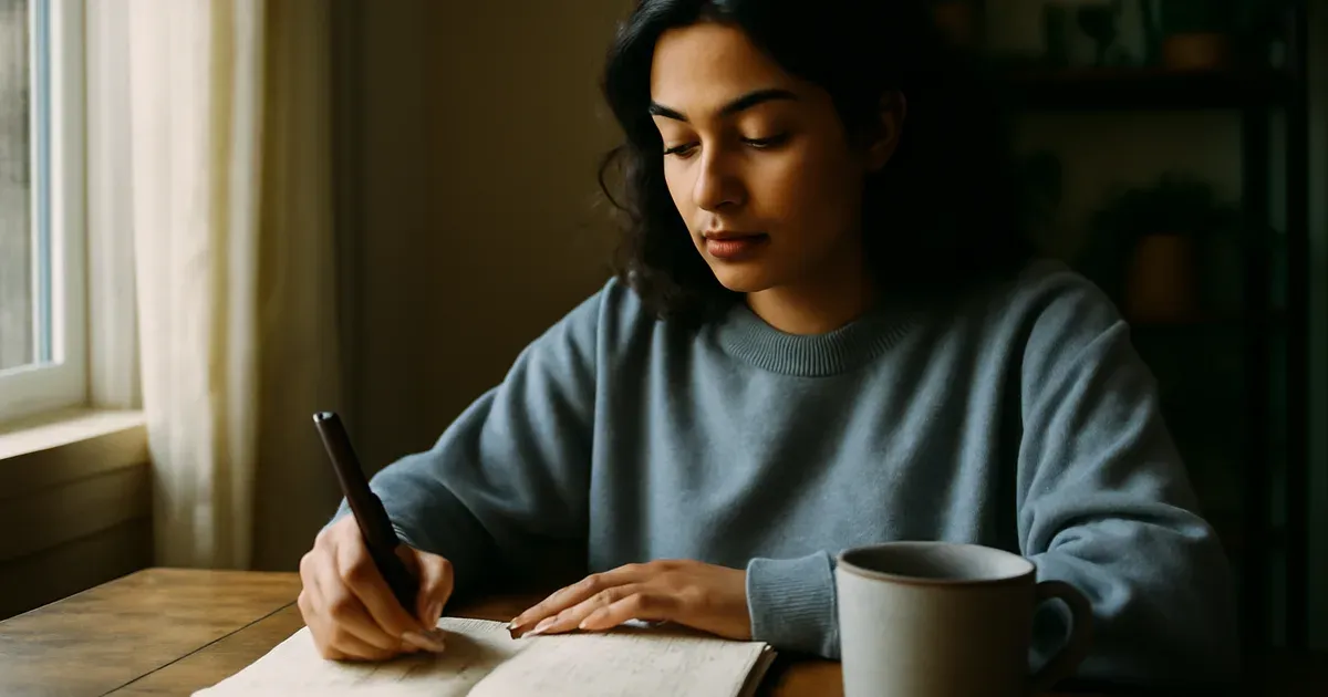 Woman writing in a health journal to track her menstrual cycle for cycle syncing, soft natural light
