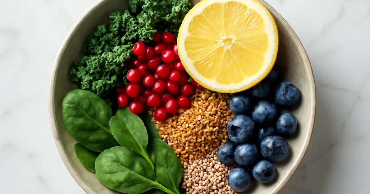 Colourful whole food bowl supporting cycle syncing nutrition with greens, seeds, and berries