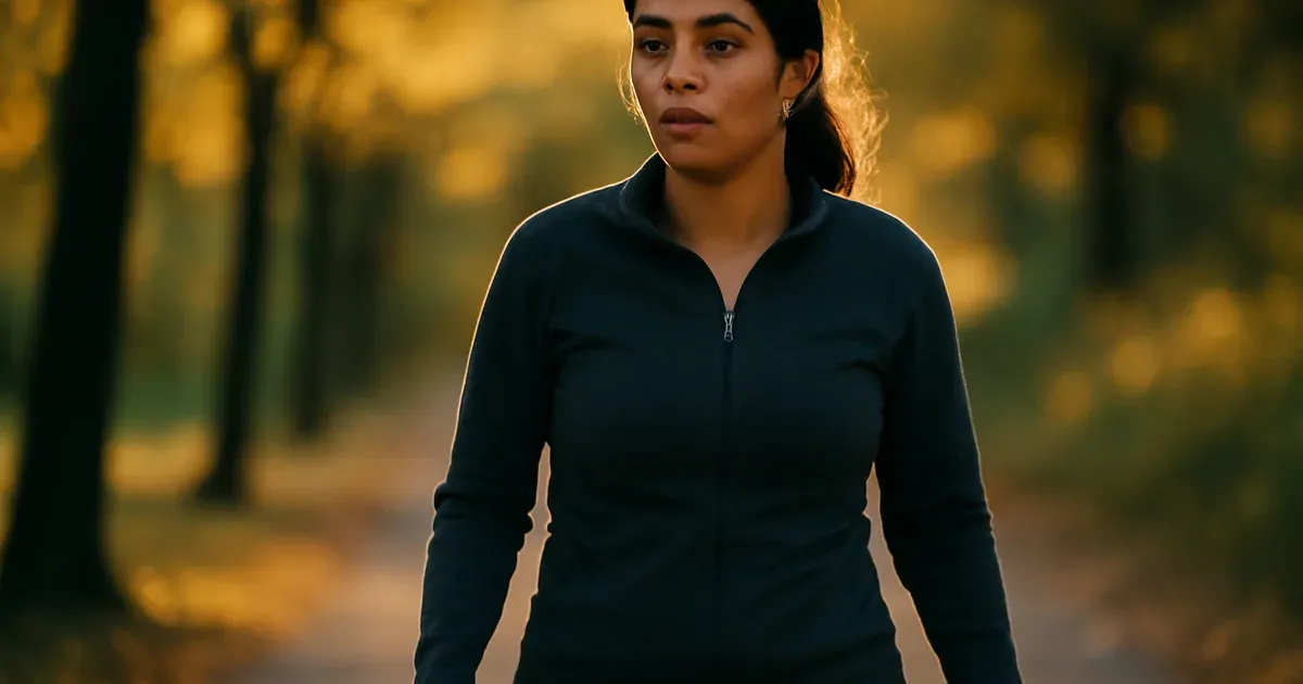 Woman walking outdoors during luteal phase as part of cycle syncing routine, golden-hour light