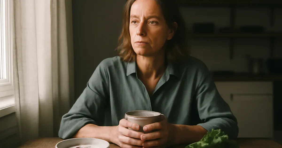 Middle-aged woman at kitchen table with gut-healthy foods, representing the link between gut health and menopause